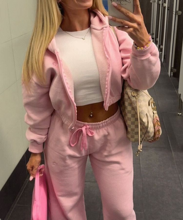 OFF DUTY - PINK CROPPED ZIP UP HOODIE